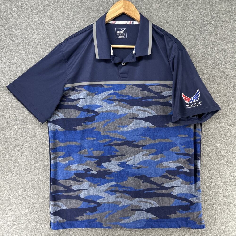 Puma Volition Polo Shirt Mens Large Blue Camo DryCell Golf USA Patriotic Sleeve